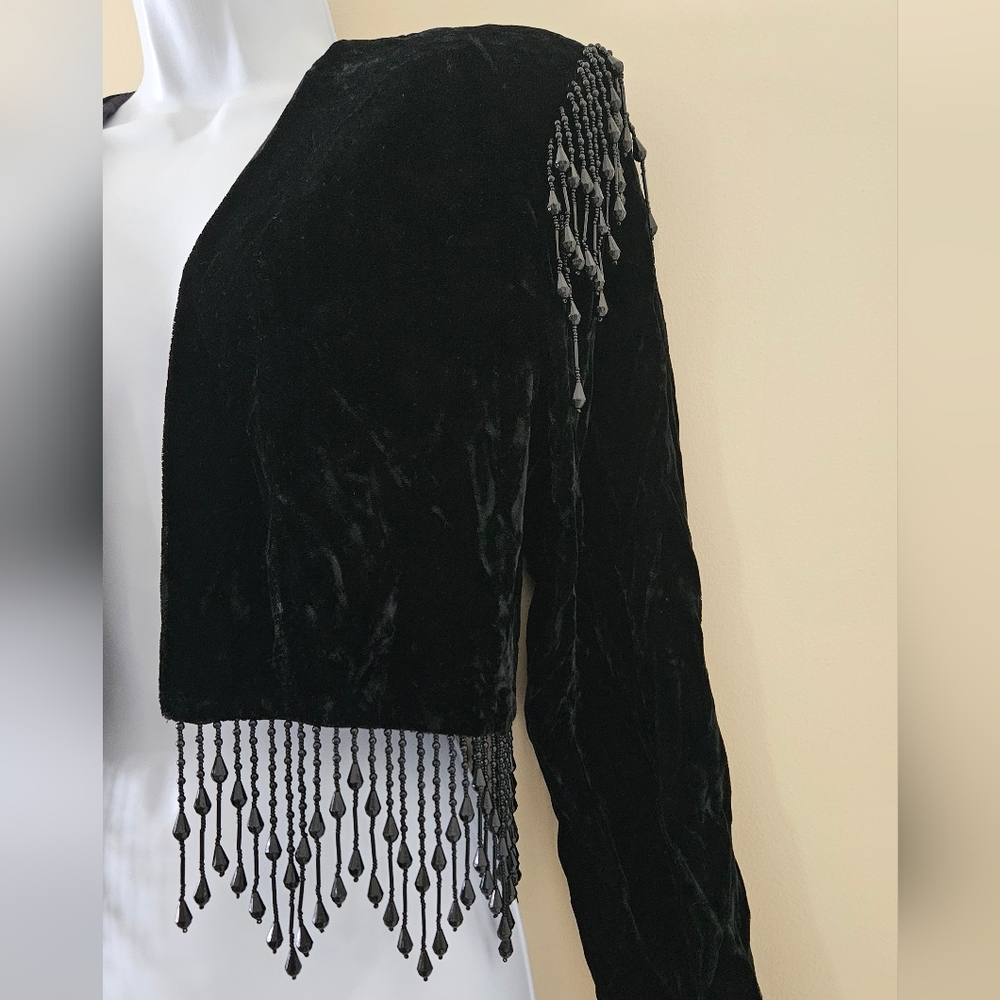 Vintage ALEX EVENINGS Cropped Velvet Jacket Beaded Fringe Retro Glam Size Large - Picture 7 of 13